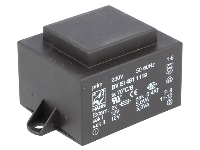 Transformator: ingegoten; 10VA; 230VAC; 12V; 12V; 417mA; 417mA; PCB Transformator: ingegoten; 10VA; 230VAC; 12V; 12V; 417mA; 417mA; PCB